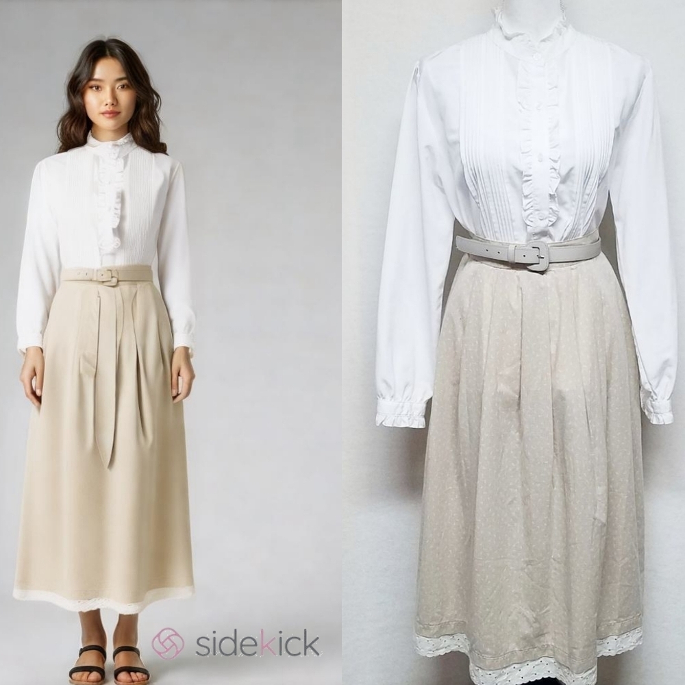 60s Vintage Cottagecore White Ruffle Blouse Belted Beige Midi Skirt Set Medium